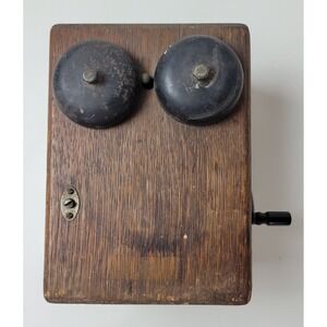 Antique Oak Wood Telephone Magneto Ringer Box Hand Crank Double Bell Type 815 A
